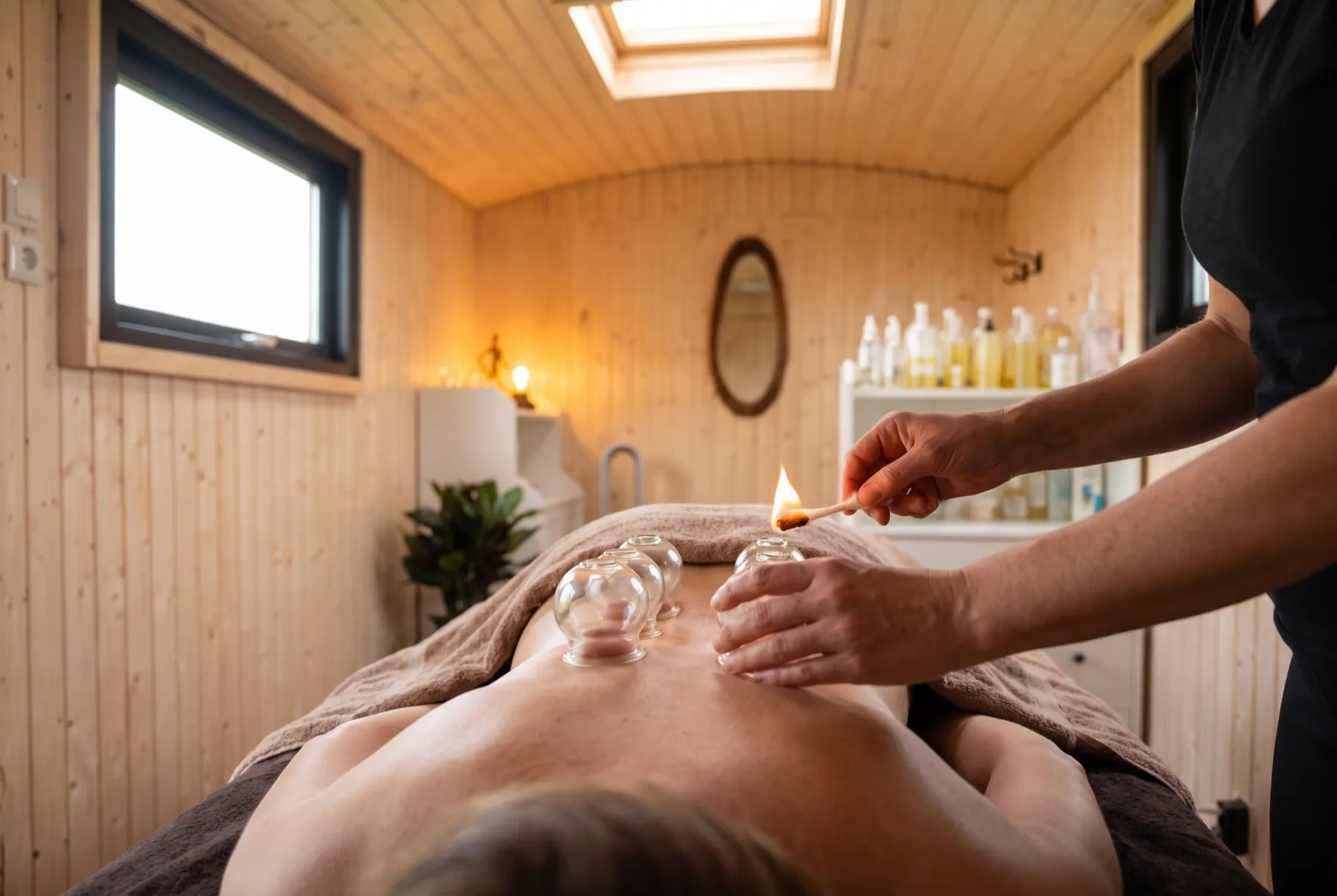Firecupping behandeling met glazen cups in de praktijk in Vlist